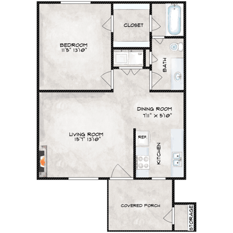 A floor plan of a house with a bedroom, living room, dining room, kitchen, and a covered porch.
